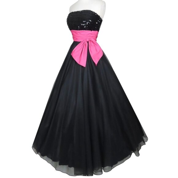 STUNNING Vintage 50s Black Sequin Princess Strapless Organza Ball Gown Size 9 - Picture 2 of 16